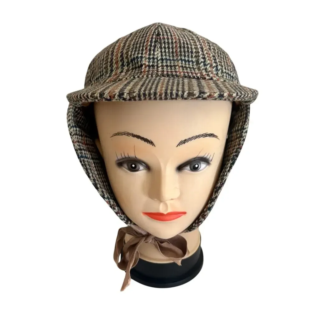 Vintage Tweed Wool Plaid Deerstalker Sherlock Holmes Hat Iconic Hunting Preppy